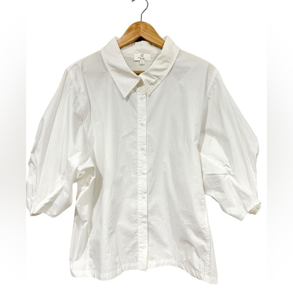 P Cill Poplin Button Up Blouse 3/4 Poof Balloon Sleeves White Large Elegant Work - Picture 5 of 12